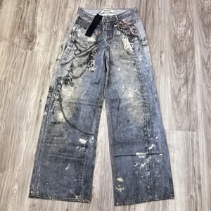 Realtakai Jeans Unisex Baggy Distressed Paint Splatter Chains size M (W36 L31)